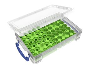Feldherr paint racks + token trays for 4l Really Useful Boxes - 56 Citadel paint pots (12 ml / 18 ml / 24 ml) + game material