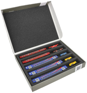 Feldherr Storage Box FSLB040 for model railway locomotives, wagons and vehicles - 5 slots for TT gauge - horizontal