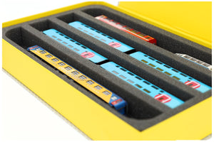 Feldherr Magnetic Box yellow for model railway locomotives, wagons and vehicles - 4 slots for N Gauge - horizontal
