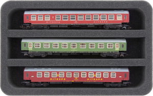 HS040A001 Foam inlay TT Gauge - horizontal - 3 slots for model railway locomotives, wagons and vehicles